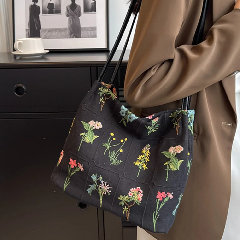 Ladies Floral Embroidered Underarm Bag Canvas Satchel Women Quality Bucket Bag Large Capacity Shoulder Bags Stylish Tote Handbag