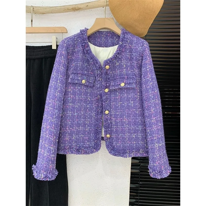 Small Fragrance Tweed Jacket Women Spring Autumn Elegant Cropped O-neck Outerwear Purple Casual Tweed Woolen Coat Ladies Tops