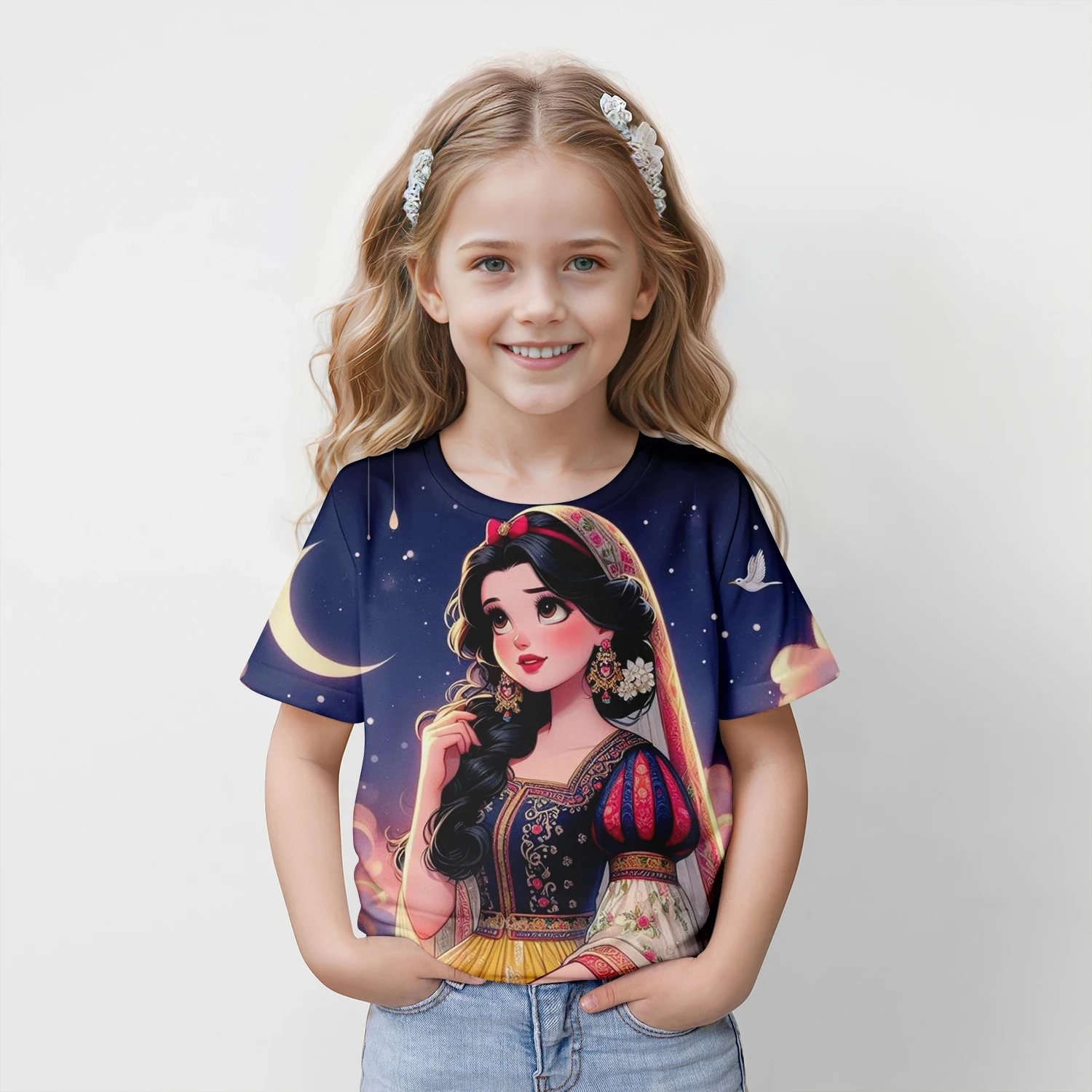 2024 New Summer Kids 3D Printed Cute Cartoon PrincessT-shirt Fashion Children Short Sleeve Clothing  Girls Luxury Streetwear