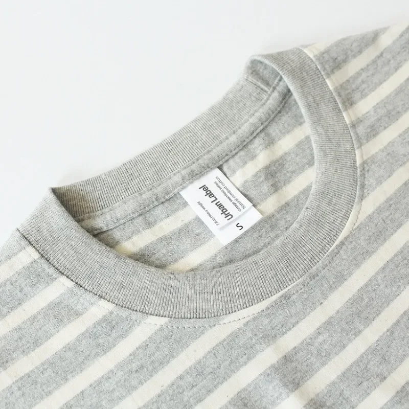 265g Thick Cotton T-shirt Men Seamless Barrel Woven Classic Striped Tops Unisex Round Neck Short Sleeved T-shirt