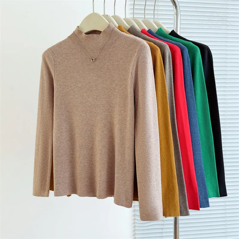 

Autumn Winter Women Sweater Pullover Long Sleeve Top Casual Solid Color Half High Collar Knitted Sweater 14 Colors 2025 New