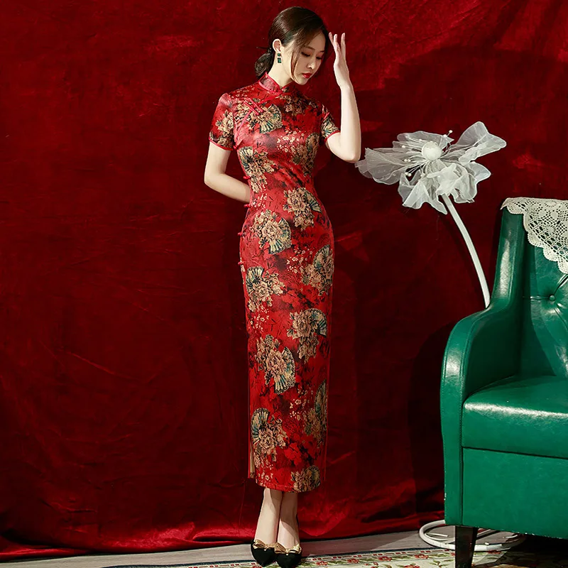 Yourqipao Summer Double-layer Eight-button Long Red Cheongsam Catwalk Retro Fashion Qipao Chinese Style Evening Dress for Women