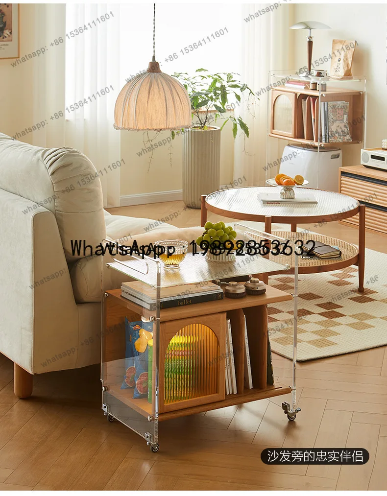 few acrylic movable solid wood trolley storage bookshelf  Cherry wood home living room sofa edge