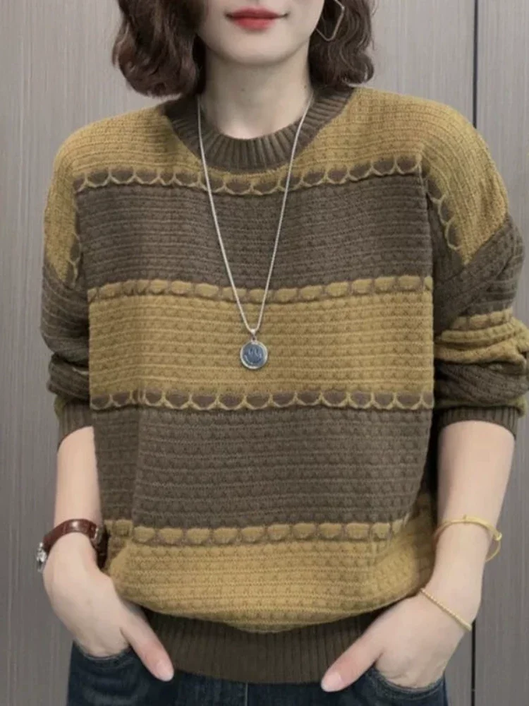 เสื้อไหมพรมลายทางสีสันสดใส ทรงหลวม สไตล์ลำลอง สำหรับผู้หญิง ช่วยปกปิดหน้าท้อง เหมาะสำหรับคุณแม่ แขนยาว คอกลม แฟชั่นฤดูใบไม้ร่วง...