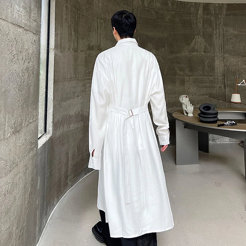 IEFB Niche Design Men\'s Shirts Turn-down Collar Overknee Long Sleeve Belt Solid Color Casual Top Single Breasted Menswear 9C1933