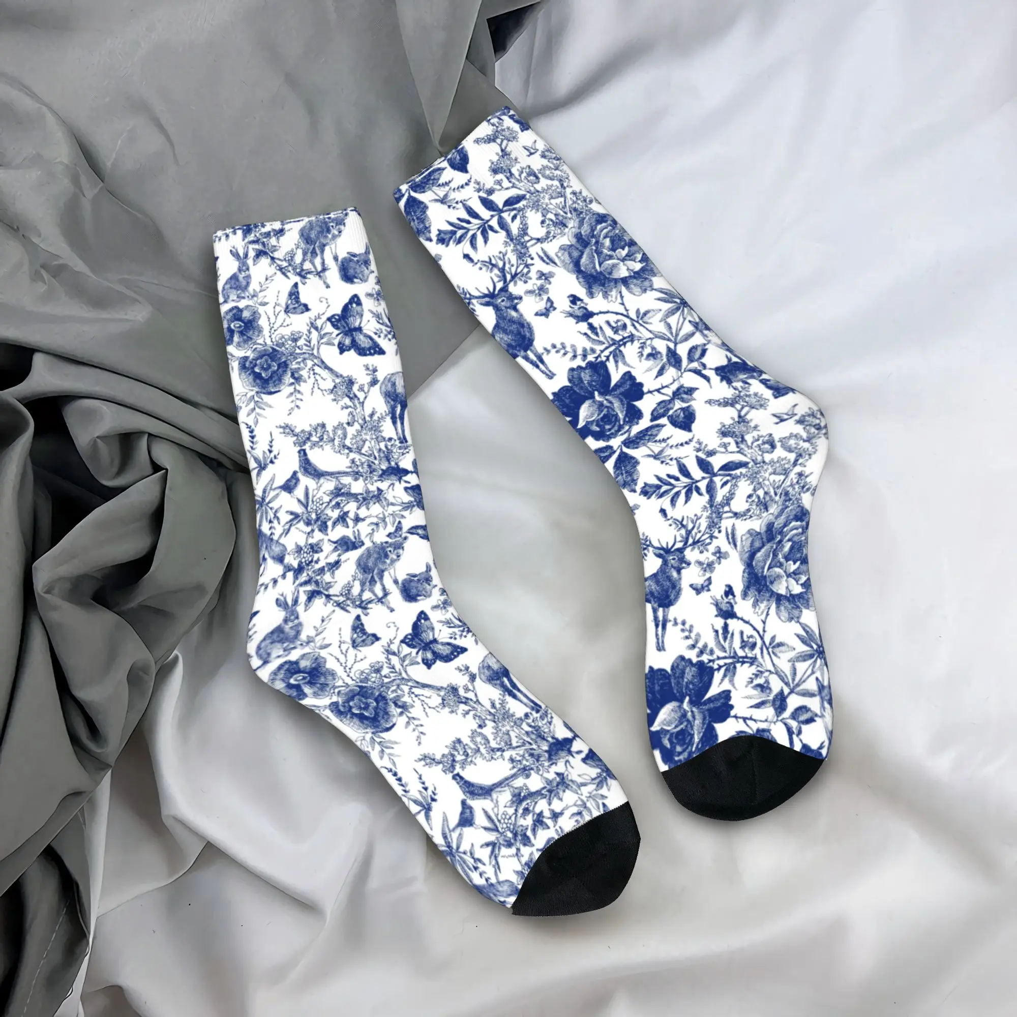 

Fun Printed Vintage Floral And Animal Forest Socks Stretch Summer Autumn Winter French Toile De Jouy Indigo Pattern Crew Socks