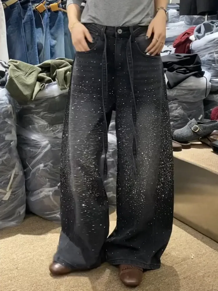 キラキラ輝くラインストーンデニムパンツ レディースジーンズ 新作 ワイドレッグ デザインセンセーション フロア丈パンツ ルーズジーンズ