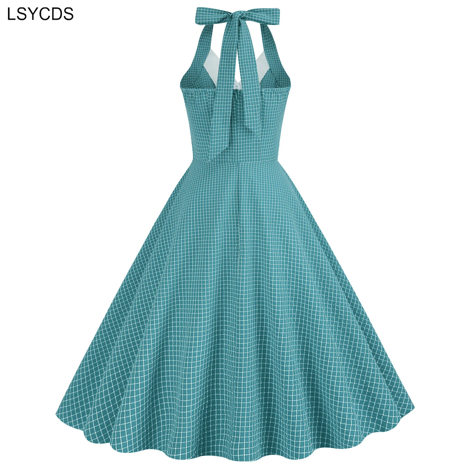 Lsycds feminino botão até xadrez vintage ajuste e alargamento vestido 2024 verão sem mangas pinup robe halter sem costas vestidos de festa à noite