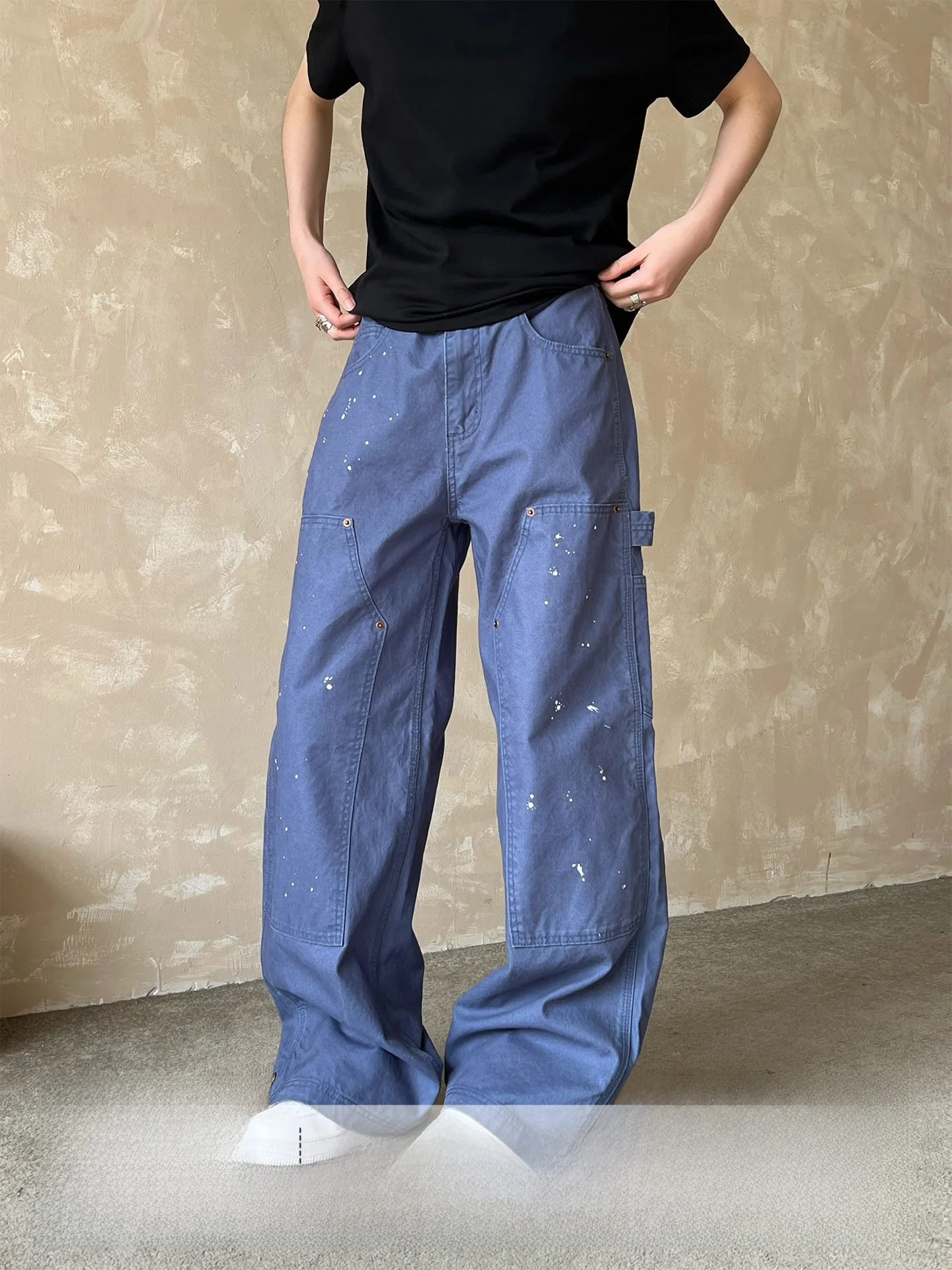 

Ja1 Straight Leg Workwear Pants Men's Dyeing Design Casual Blue Jeans All-Match Spring Cotton Trousers for Neutral Style