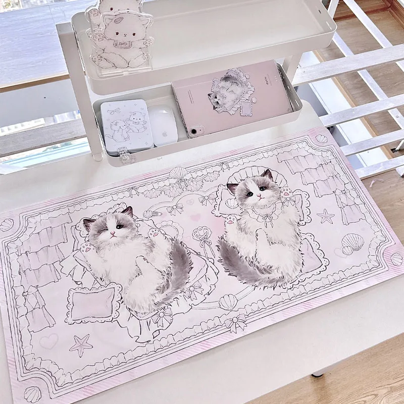 Leather Desk Pad Protector Pink Blue Kitten Girl's Room Sweet Cat Y2K INS Y2K Mouse Pad Office Desk Mat PU Desk Blotter Pad
