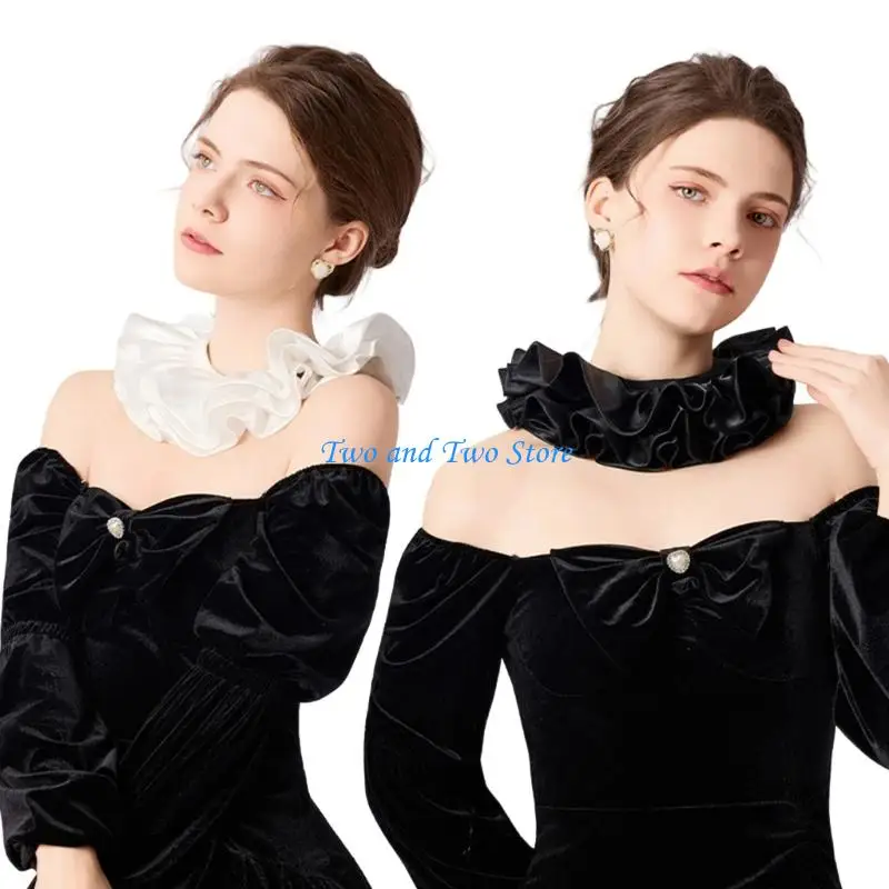 HX6F Elegant Royal Ruffled Removeable Collar Faux Collar Neck Ruff For Cocktail Party