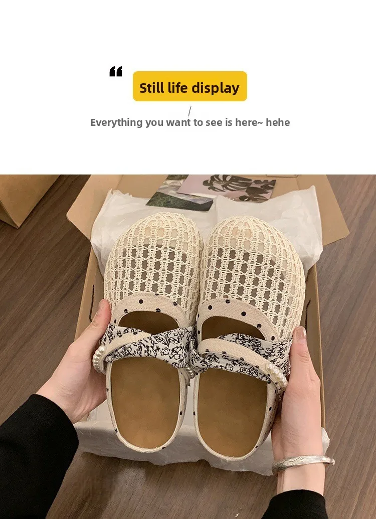 Atmungsaktive Mesh-Halbpantoffeln für Damen, Französische Polka-Dot-Perlen-Slip-On-Slides, Weiche Sohle, Geschlossene Zehenpartie, Geeignet für Breite Füße – Detail 18