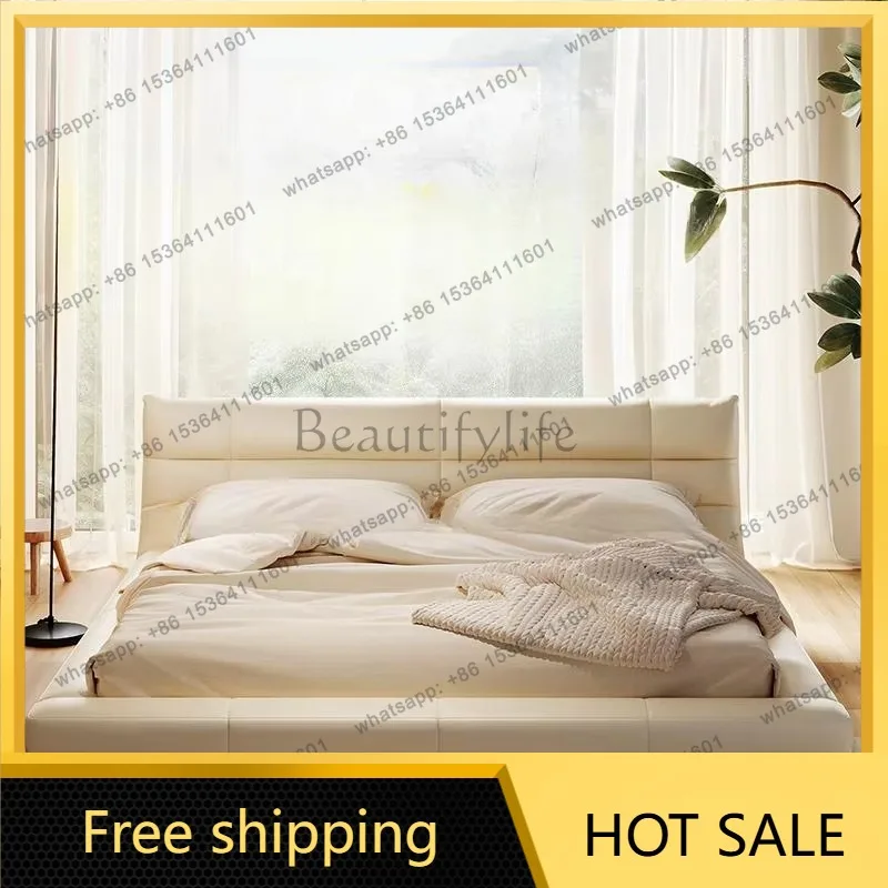 FG Queen Leather Double Bed Backrest White Italian Big Modern King Beds Bedroom Storage Floor Camas De Dormitorio Furniture