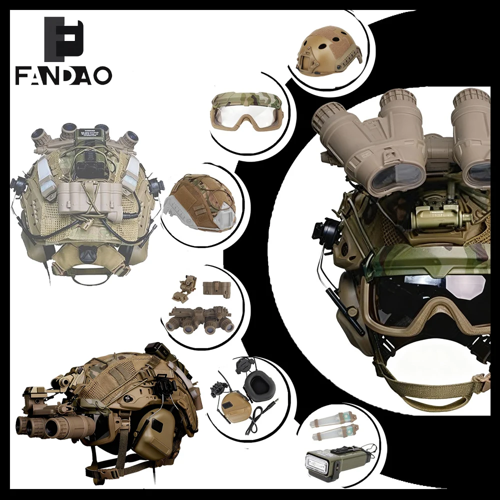 Tactical Airsoft Helmet Set 9 in 1 Fast Protection Helmet Kit with Headset NVG Dummy Model Signal Lights for Paintball Shooting