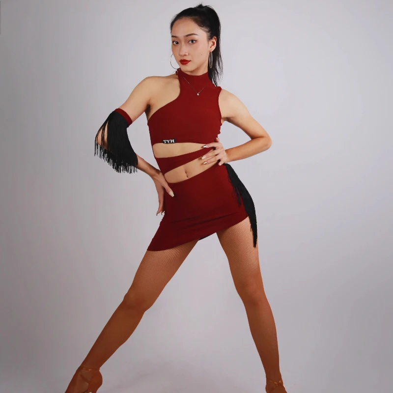 New LatinDance Performance DressWomen's Sexy Outdoor Banquet Hall PartyTassel Dress Sports Practice WearingRed Ball EveningDress