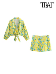 TRAF Women's Lemon Printed Linen Blend Set Rope Knot Decoration Top Holiday High Waisted Shorts Women's Casual 2 Piece Set