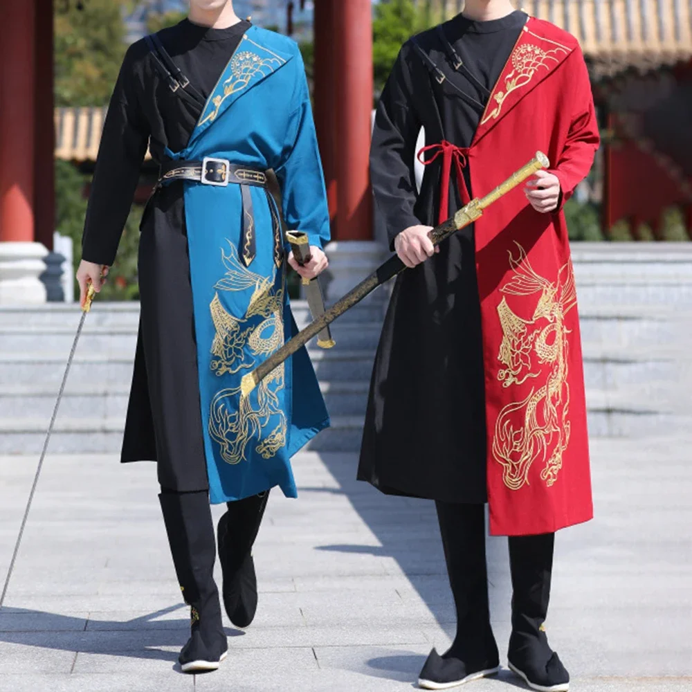 Estilo chinês dos homens Cosplay Hanfu bordado hit cor dragão Totem bordado vestido, cinto bordado, trajes étnicos tradicionais