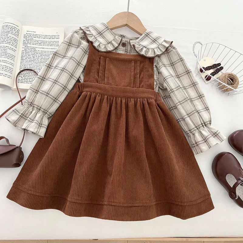 

New Girls Long Sleeve Shirt Dress Two Piece Set Baby Sweet Plaid Dress
