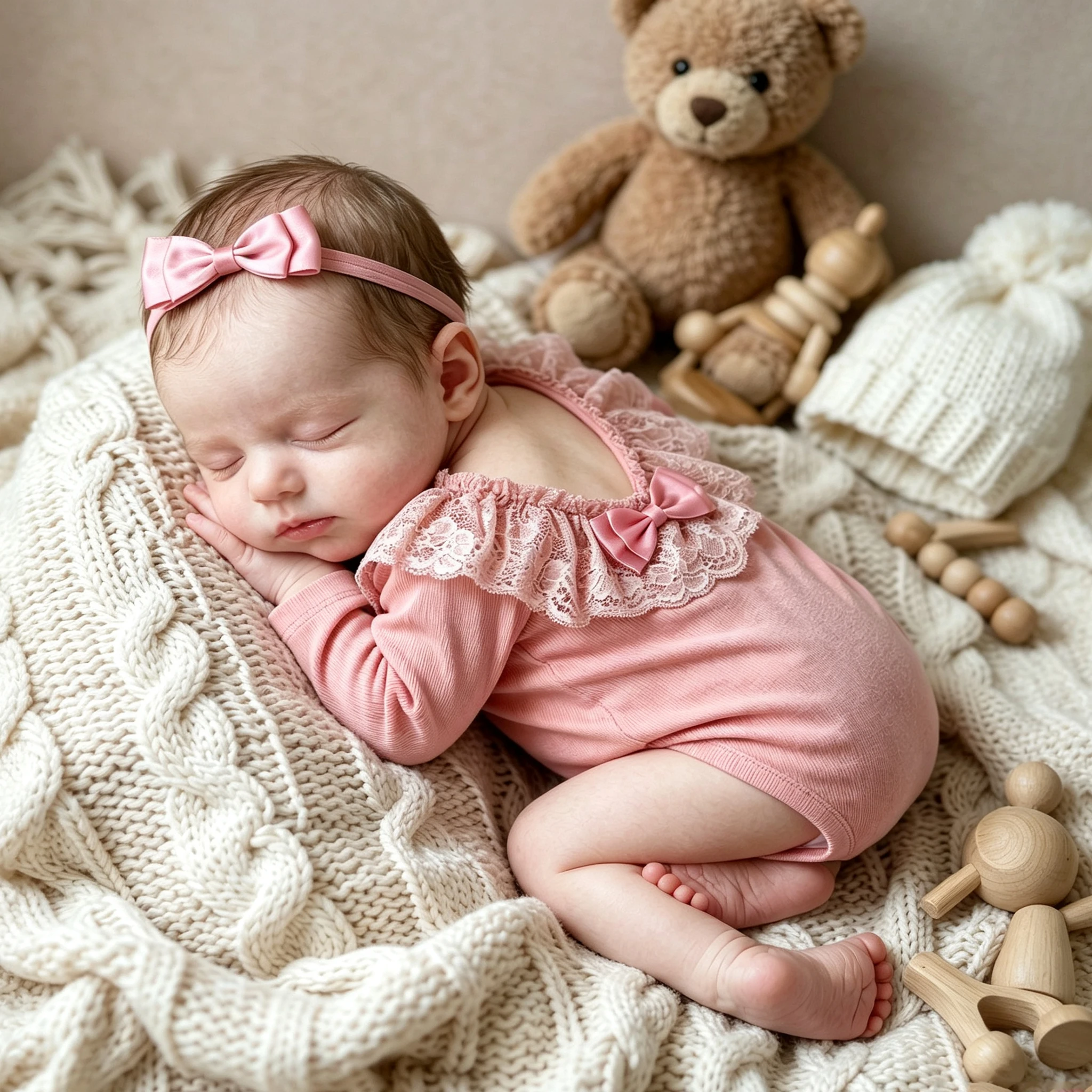 Newborn Baby Girl Photo Outfit Pink Lace Ruffle Long Sleeve Bodysuit with Bow Headband Infant Photography Props Baby Shower Gift