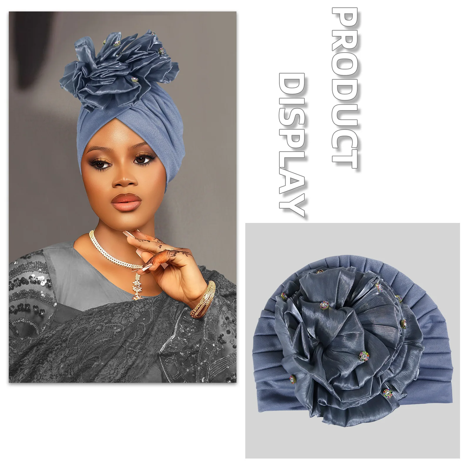 قبعة عمامة كبيرة على شكل زهرة للنساء أغطية رأس Geles الأفريقية بونيه مطوي قبعة حجاب إسلامي غطاء رأس لحفلات الزفاف النيجيري #4