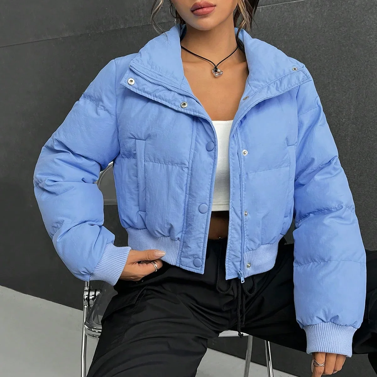 Freizeit Solide Schlanke Damen Amerikanischen Stil Stehkragen Reißverschluss Baumwolle Gefütterte Jacke Warme Damen Jacke Casual Oberbekleidung