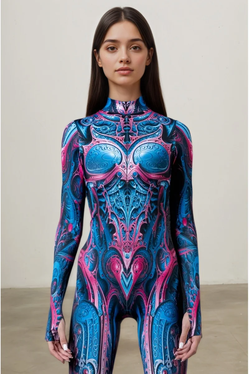 Damen Fleischfarbener Tribal-Bodysuit Geometrischer Festival-Rave-Bühnenshow-Aerial-Yoga-Anzug Hochhals Vollständiger Halloween-Cosplay-Catsuit – Detail 13