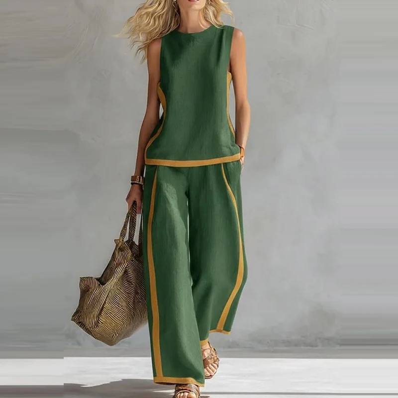 

Casual Women's Loose Vacation Outfits Summer New Simple Commute Two Piece Sets Vintage Color Blocked Sleeveless Tops&Pants Sets