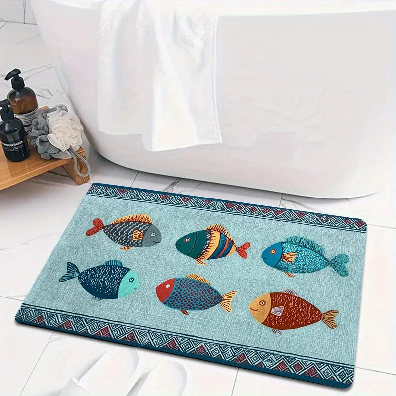 2D Flat Colorful Fish Geometric Border Blue Background Ethnic Style Flannel Bath Mat Non Slip Marine Life Rug For Bathroom Floor