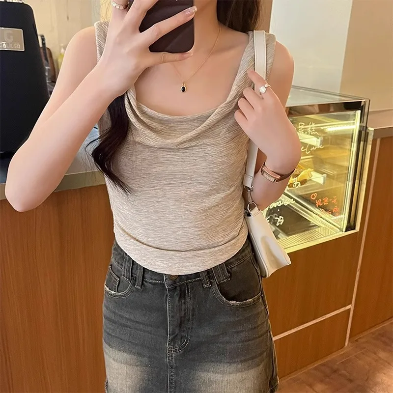 Chaleco camisola plisado sin mangas con escote cuadrado para mujer, con un diseño ajustado y de prendas de vestir exteriores