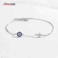 TONGZHE 925 Sterling Silver Hamsa Lucky Evil Eye Cross Bracelet Wonder Women Small Blue Cystal Stones Fine Wedding Jewelry