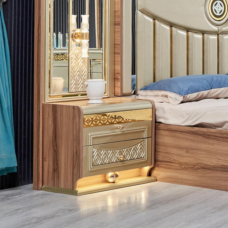 &Luxury Gold Wood Double Leather King Size Bed Meuble De Chambre a Coucher Complet Wooden Modern Home Full Bedroom Furniture Set