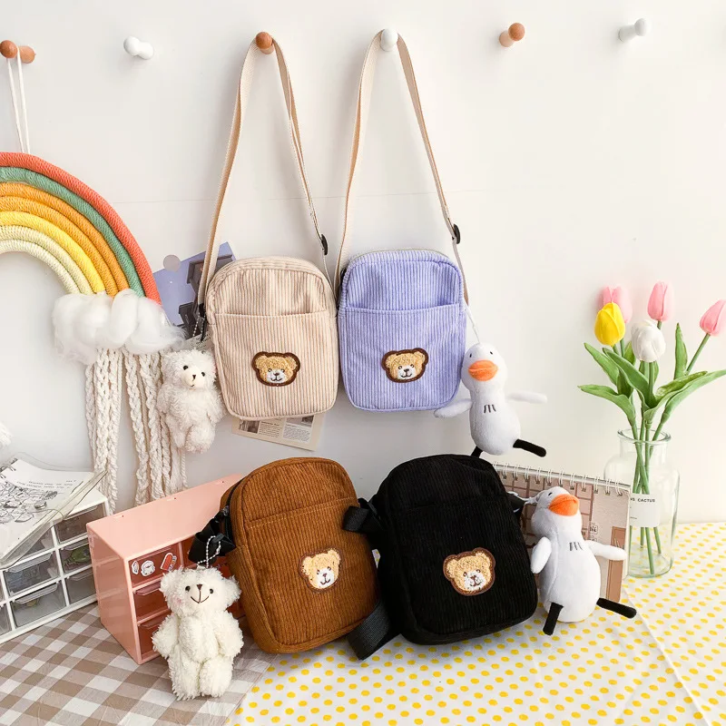 Corduroy Messenger Bag Shoulder Bag Crossbody Bag Embroidered Little Bear Outdoor Travel Fashionable Fresh Cute for Students