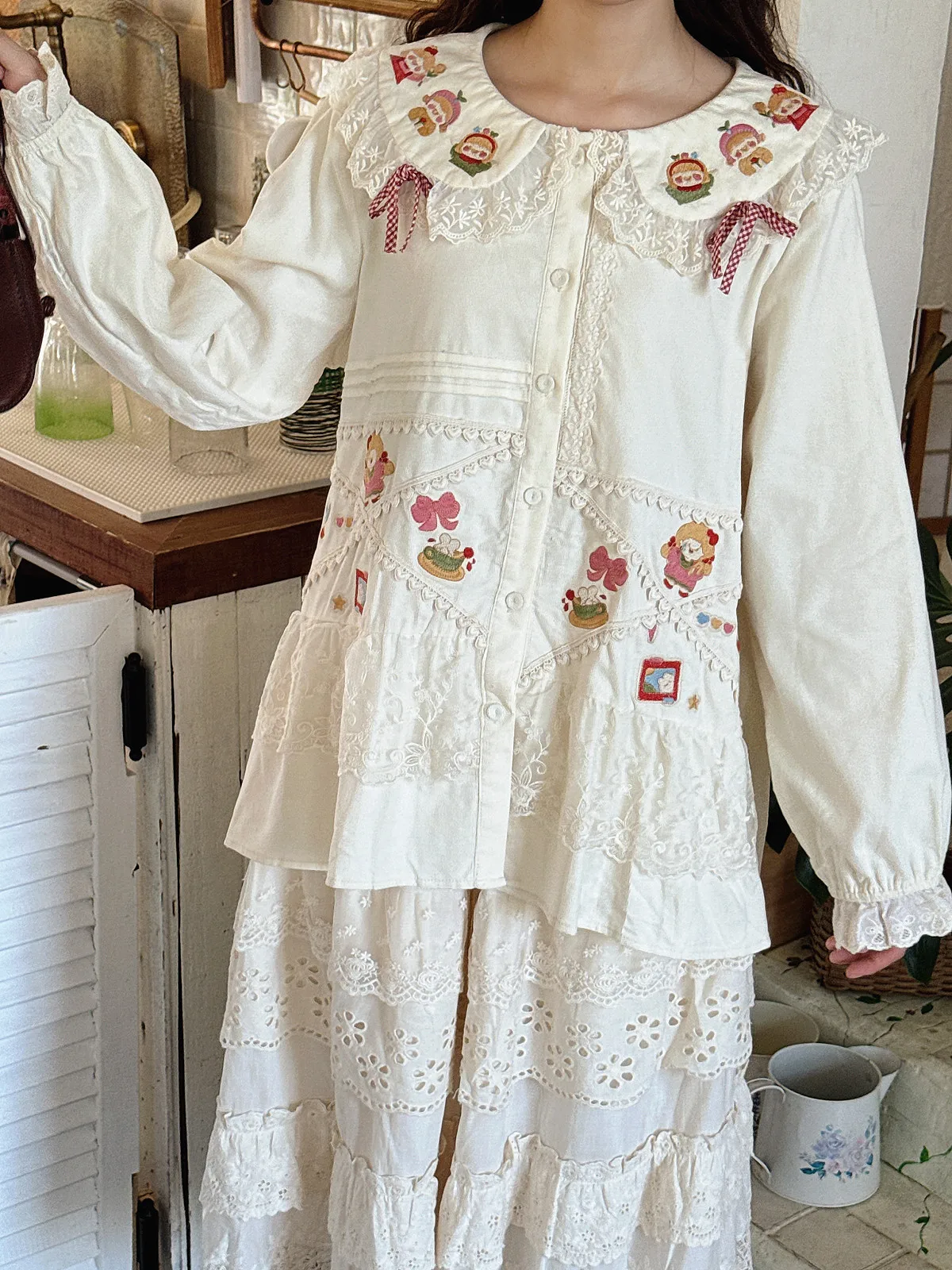 Mori Mädchen süße Lolita Baumwolle Langarm Shirt Frühling Herbst 2025, süße Mädchen Frauen süße Spitze Stickerei Shirt Blusen Tops