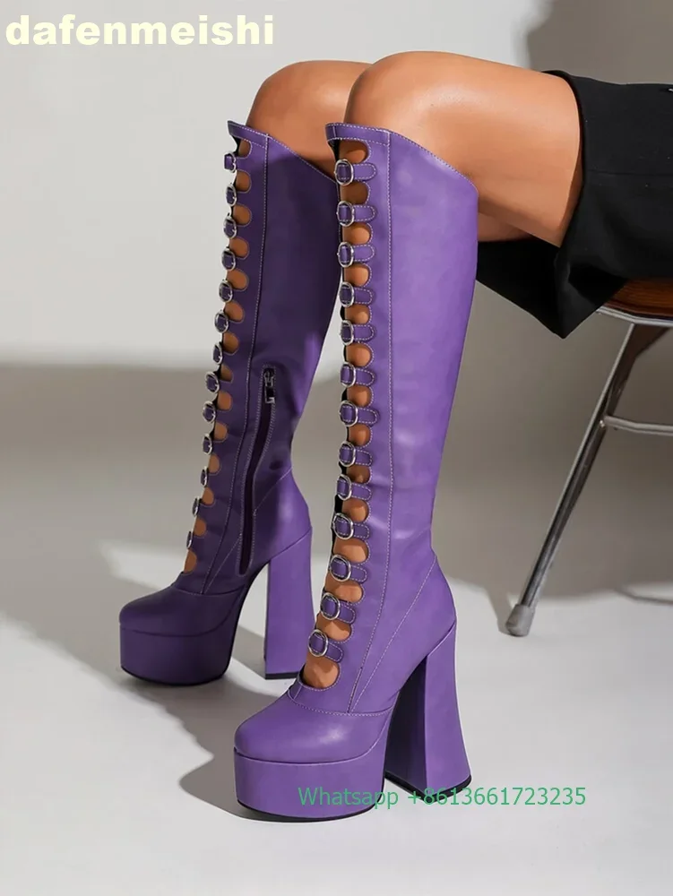 2026 New Hollow Hnee-High Boots Platform Zipper Square Heel Buckle Strap Women Pole Dance Shoes Fashion Round Toe Sexy Boots