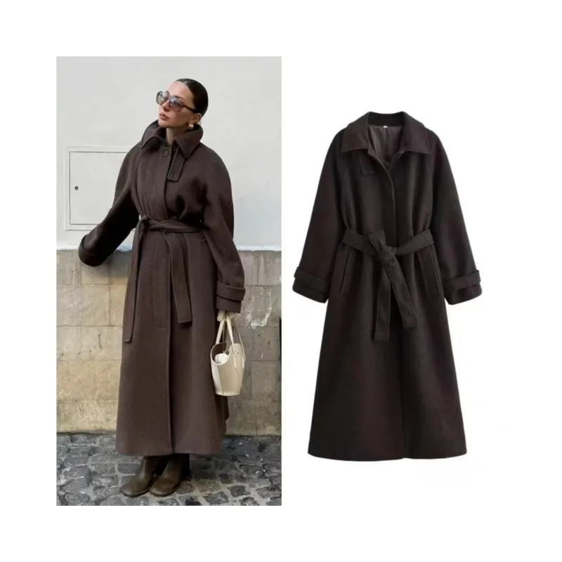 

Женское шерстяное длинное пальто с поясом, осеннее повседневное свободное модное пальто с лацканами и длинными рукавами, винтажная женская верхняя одежда, шикарный топ