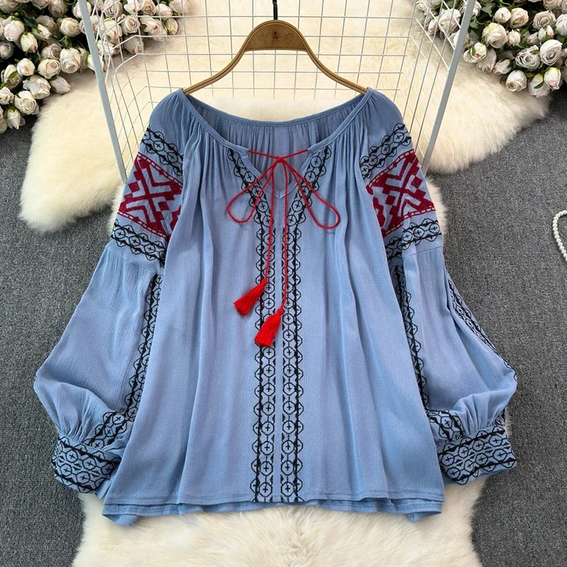 Retro Embroidered Shirt Top Female 2024 Spring Lace Up Tassel Loose Lantern Sleeves Ethnic Style Blouse Female A46