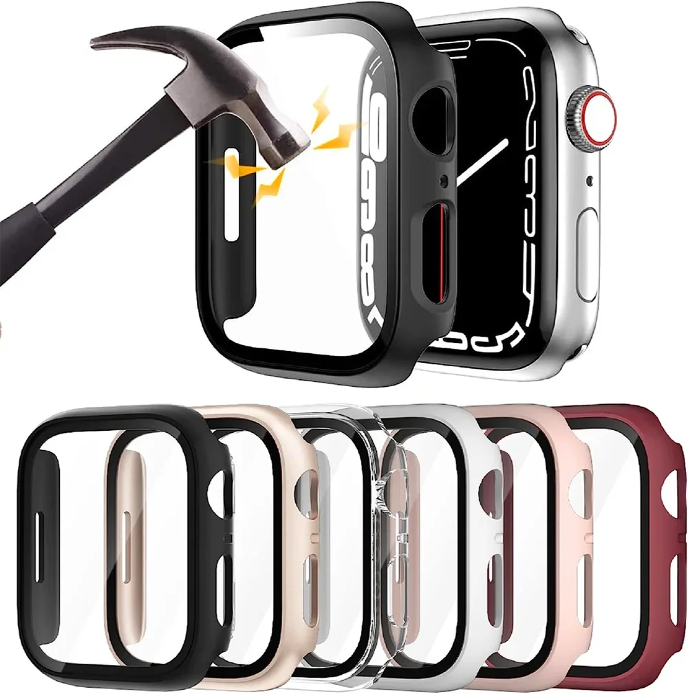 Gehärtetes Glas + Hülle für Apple Watch Serie 9 8 7 41 mm 45 mm 42 mm 38 mm PC-Stoßstange Displayschutzfolie Abdeckung iWatch 6 5 4 se 44 mm 40 mm