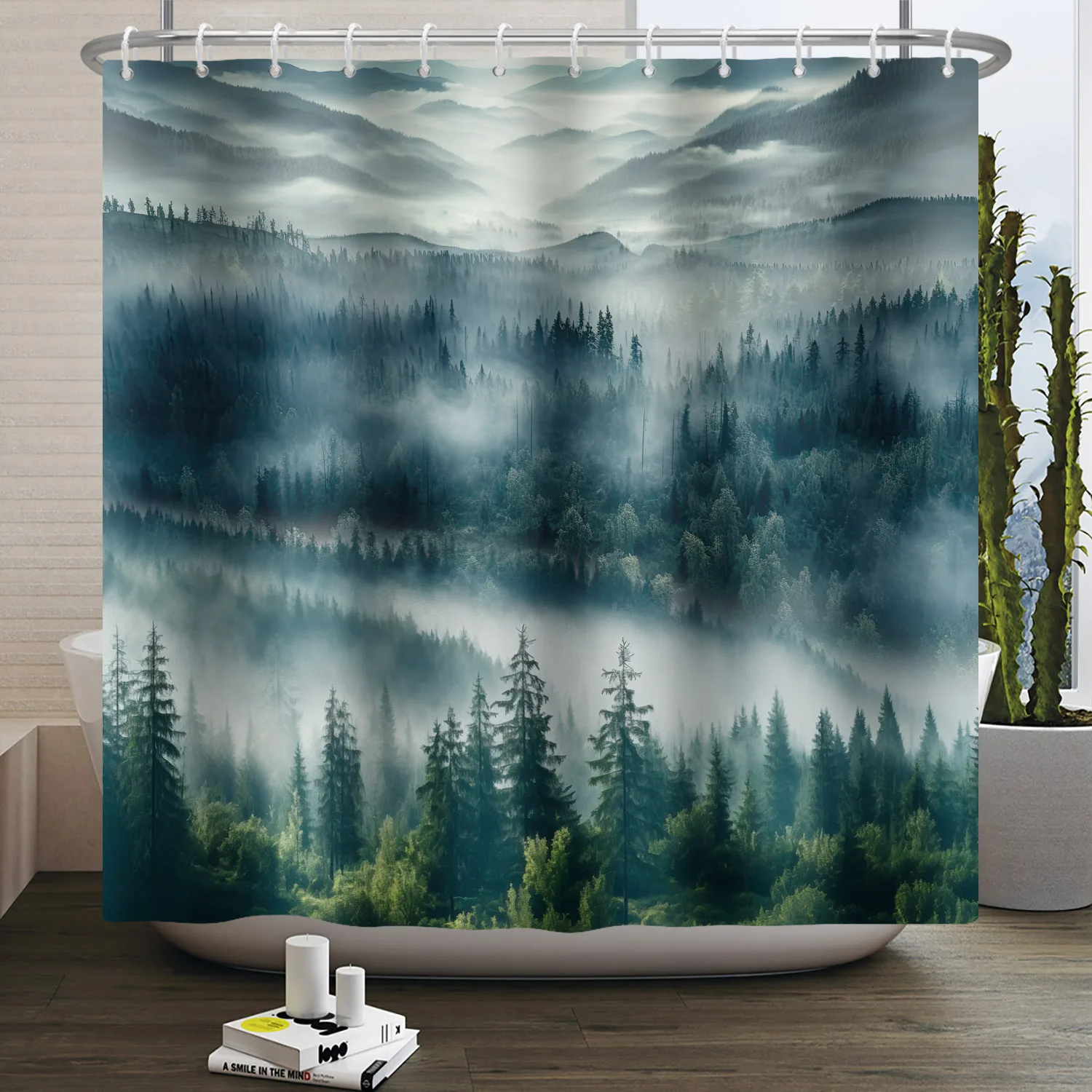 Chinese Ink Painting Mountain Forest Fog Shower Curtain Japanese Noren Bathroom Curtains Waterproof Bathtub Screen with Hooks