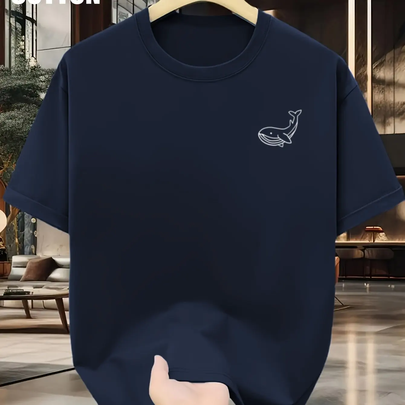 Men's Summer 100 Cotton Fashionable Casual Sports Loose Large Whale Pattern Printed Fashion Round Neck Short Sleeve T-shirt Top
