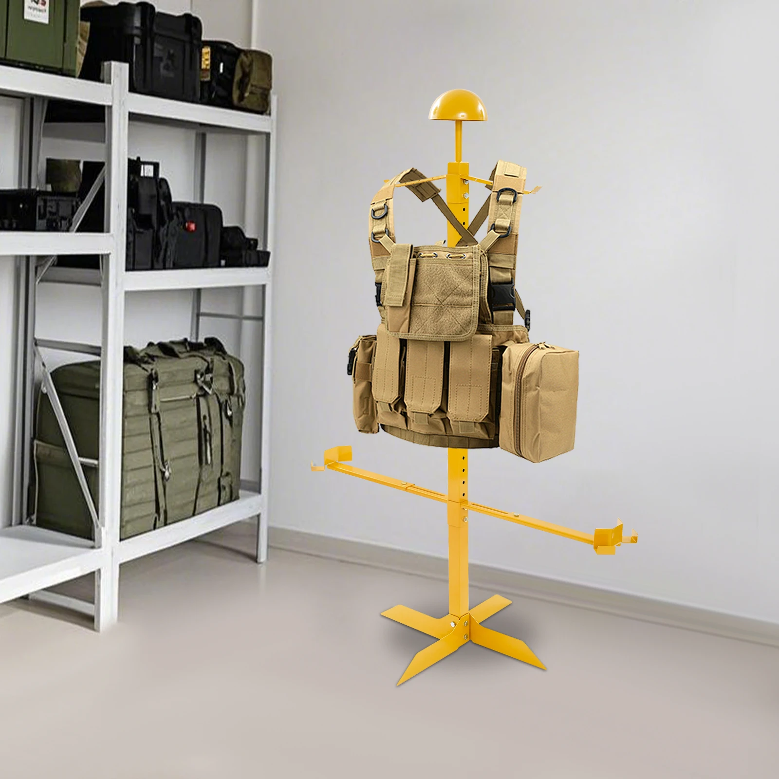 Tactical Military Gear Stand – Iron – Electrostatic Coating – 85 lbs Capacity – Adjustable Vest Holder 7 Levels – Belt Holder 2 Levels – Hat + Gun Holder – Floor Standing – 22.44