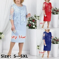 2026 Women's Large Size Midi Dress 5XL Elegant O-neck High-Waist Embroidery Lace 3/4 Sleeve Lady Evening Dress Female Clothing