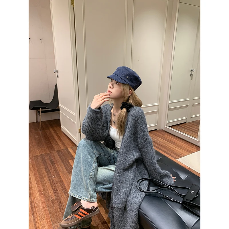 

Женский вязаный кардиган Lin Chu: свободный, пушистый, утепленный, длинный, на осень-зиму, теплый, с V-образным вырезом, длинный рукав