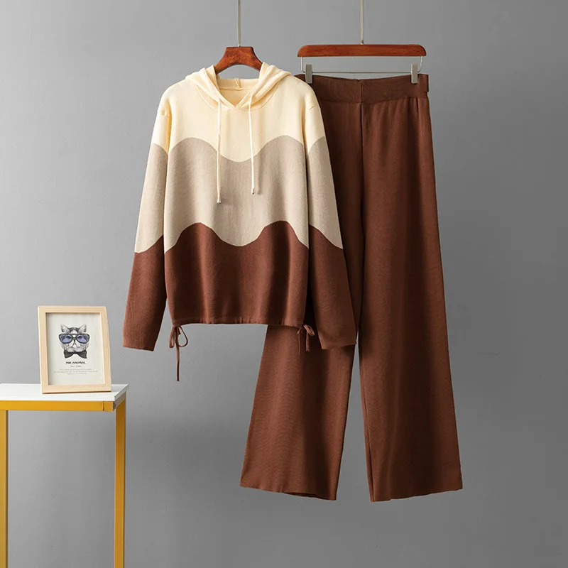 Koreańskie modne dzianinowe komplety dwuczęściowe damskie z kapturem, sweter w paski, bluzki, zestawy casualowe, spodnie proste z wysokim stanem.