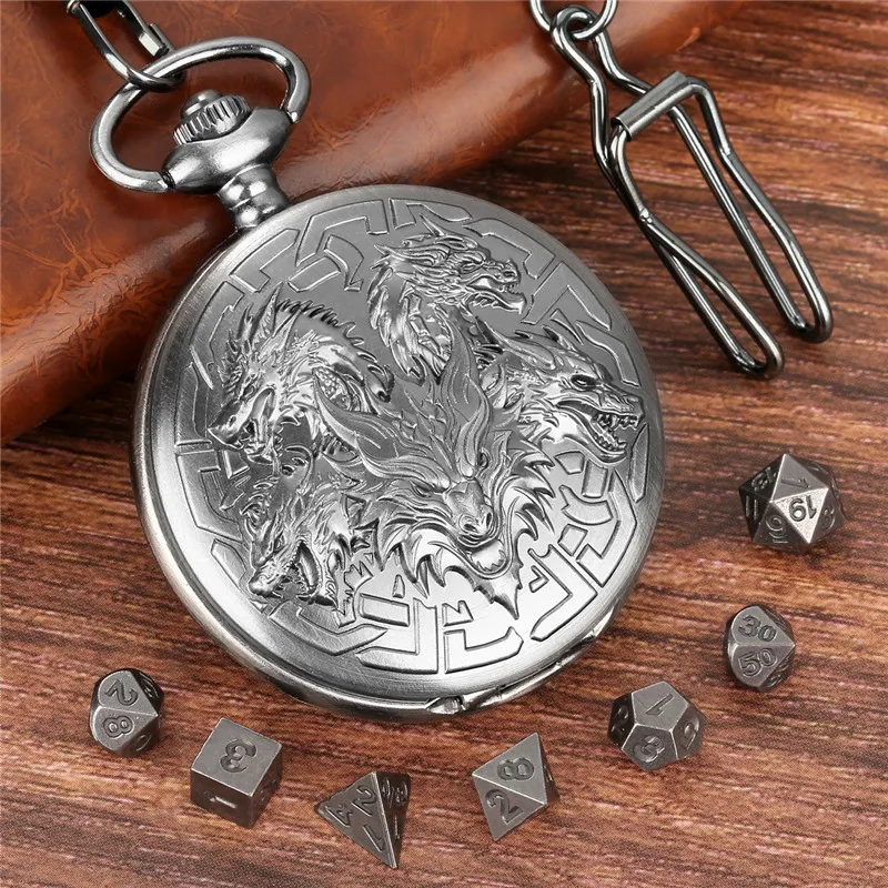 7pcs Tiny Metal Polyhedral Dice Set with Five Dragon Head Pocket Watch Case FOB Chain Entertainment Dices for Role Play Gaming