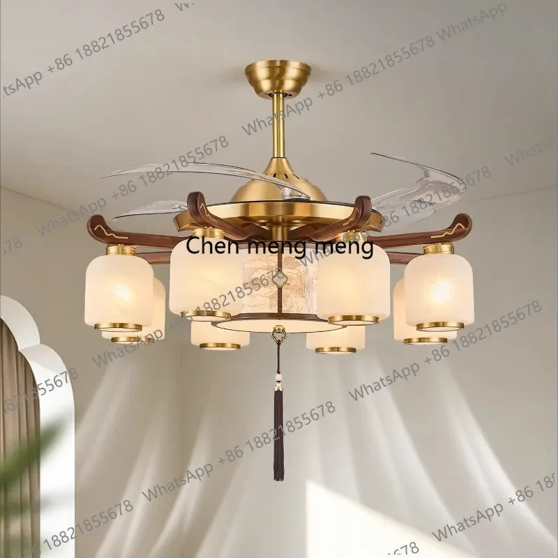 D80 Black walnut fan light Song-style aesthetic living room dining room light New Chinese ceiling fan lamp