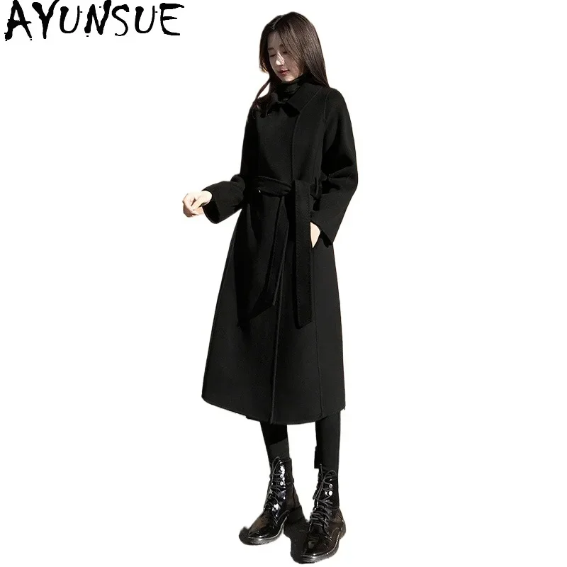 AYUNSUE 100% Real Wool Jacket Women Luxury Black Long Coats Woman Autumn Winter 2024 Women Clothing Slim Fit Outerwears пальто