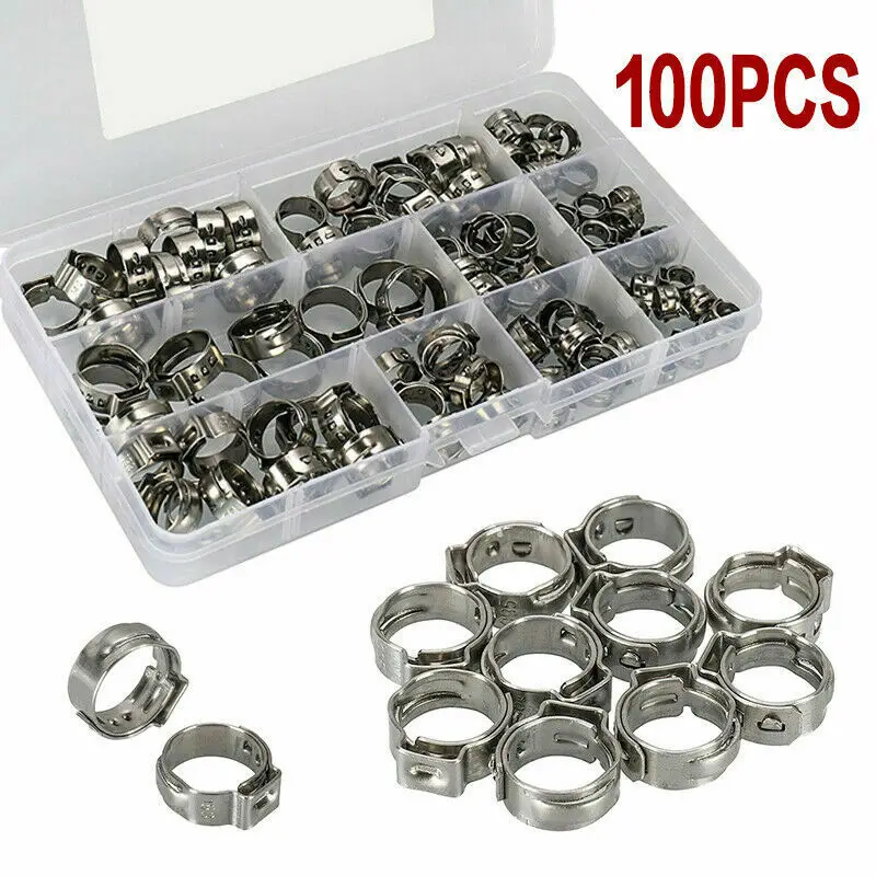 100pcs 5.3mm-15.3mm Stainless Steel Ring Hose Clamps Single Ear Clips Pipe Clamp Assortment Kit Clamps for Tubes Water Clips