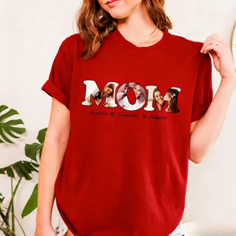 with Kids Names Unique Happy Mother's Day Gift  for Family Tee Custom Photo Simple Letters Graphic Tshirts Regular Short Sleeve