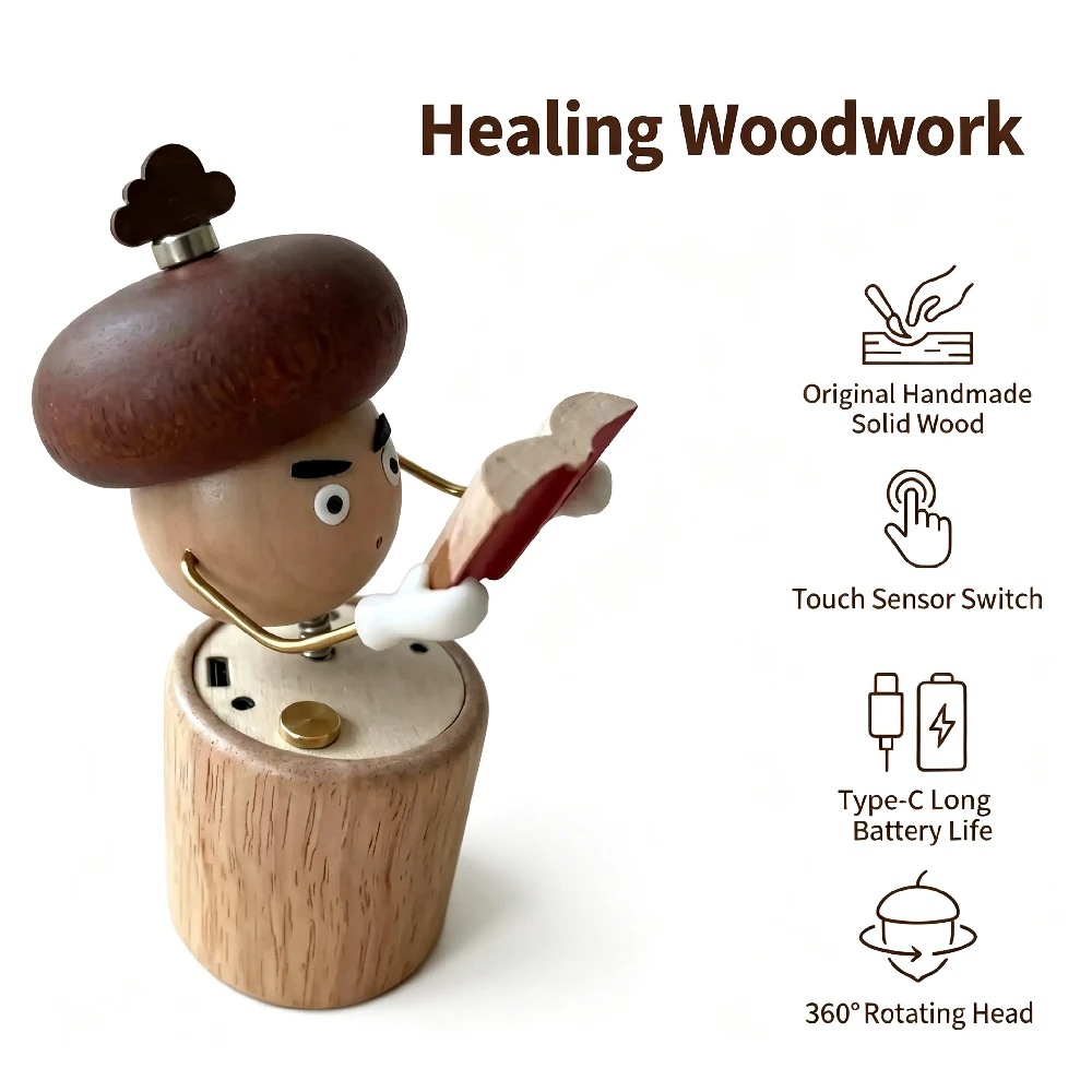 1Set Spring Shake Wooden Mushroom Bobblehead, Rechargeable Touch Kinetic Desk Art, Handmade Stress Relief Figurine Office Decor