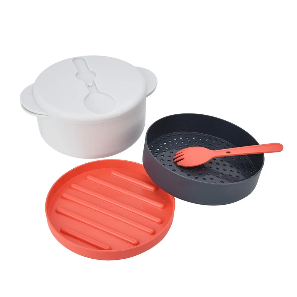 2L Capacity Microwave Vegetables Cooker Multi Layer Stackable Prevent Burns Handle Microwave Steaming Container White PP 3